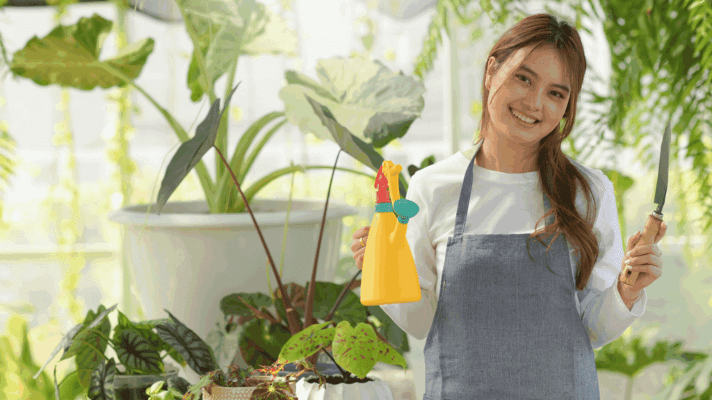 Smiling gardener prunes bonsai, illustrated tools.
