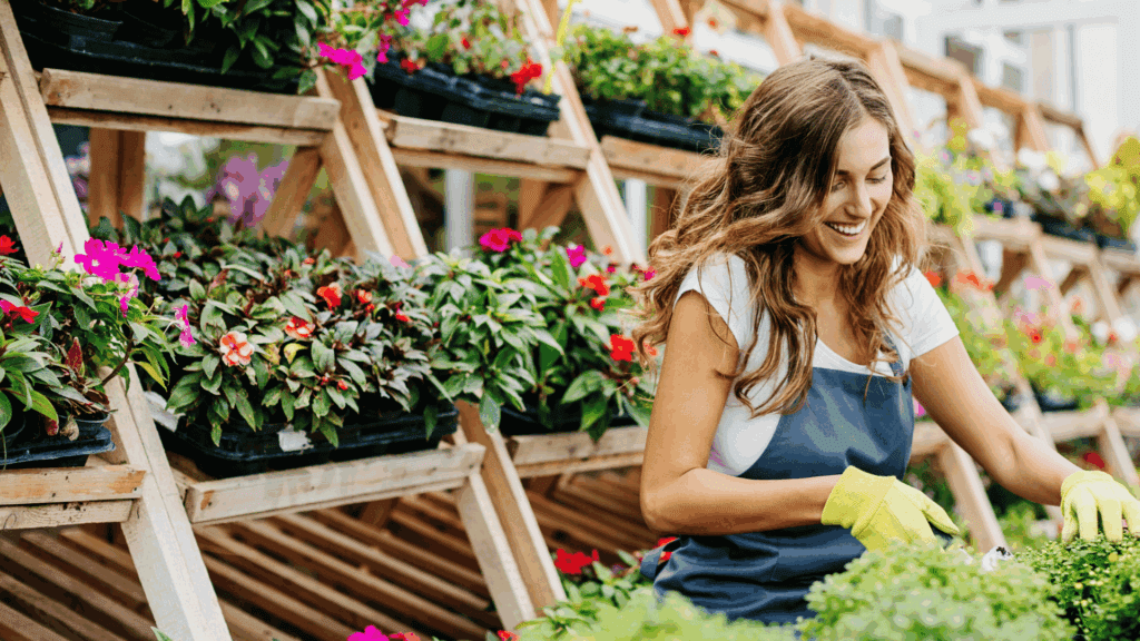 Smiling gardener prunes bonsai, illustrated tools.