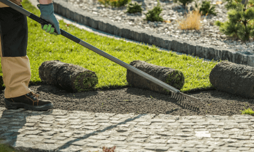 Gardener raking soil for new sod.